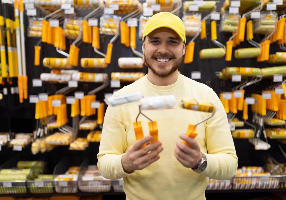 the sales assistant offers a choice of roller for painting work.